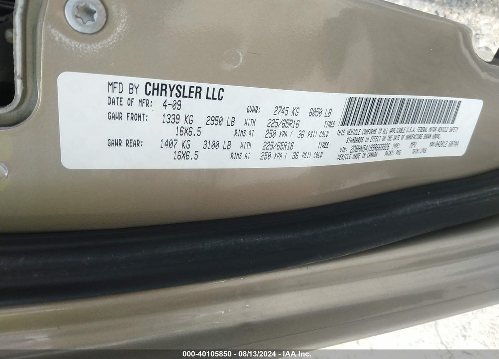 2009 DODGE GRAND CARAVAN SXT VIN: 2D8HN54199R669926