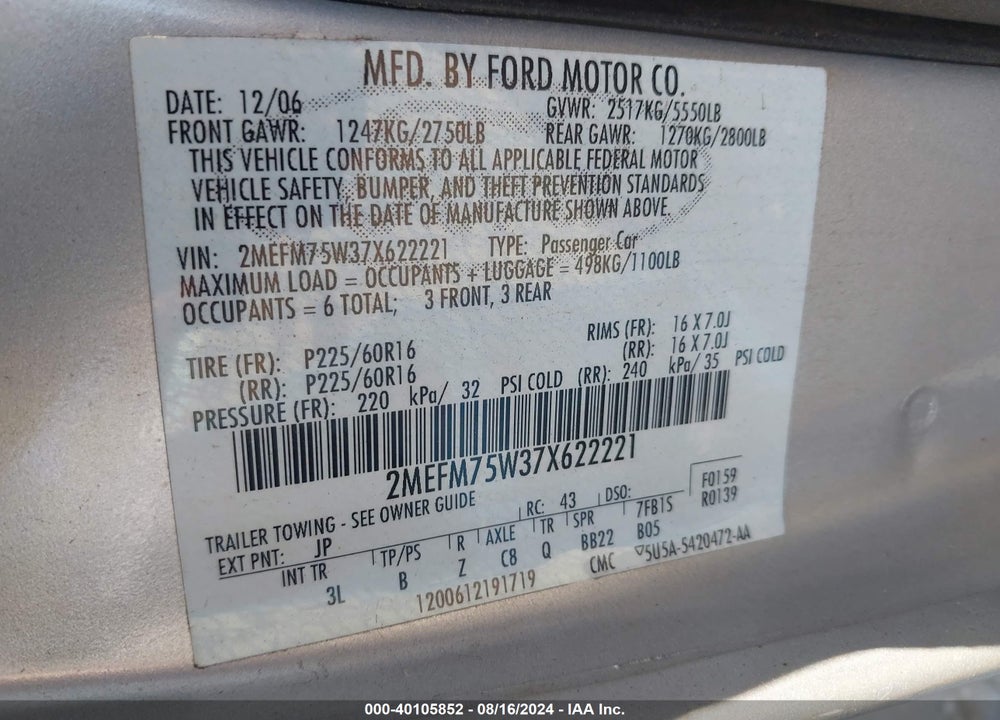 2007 MERCURY GRAND MARQUIS LS VIN: 2MEFM75W37X622221