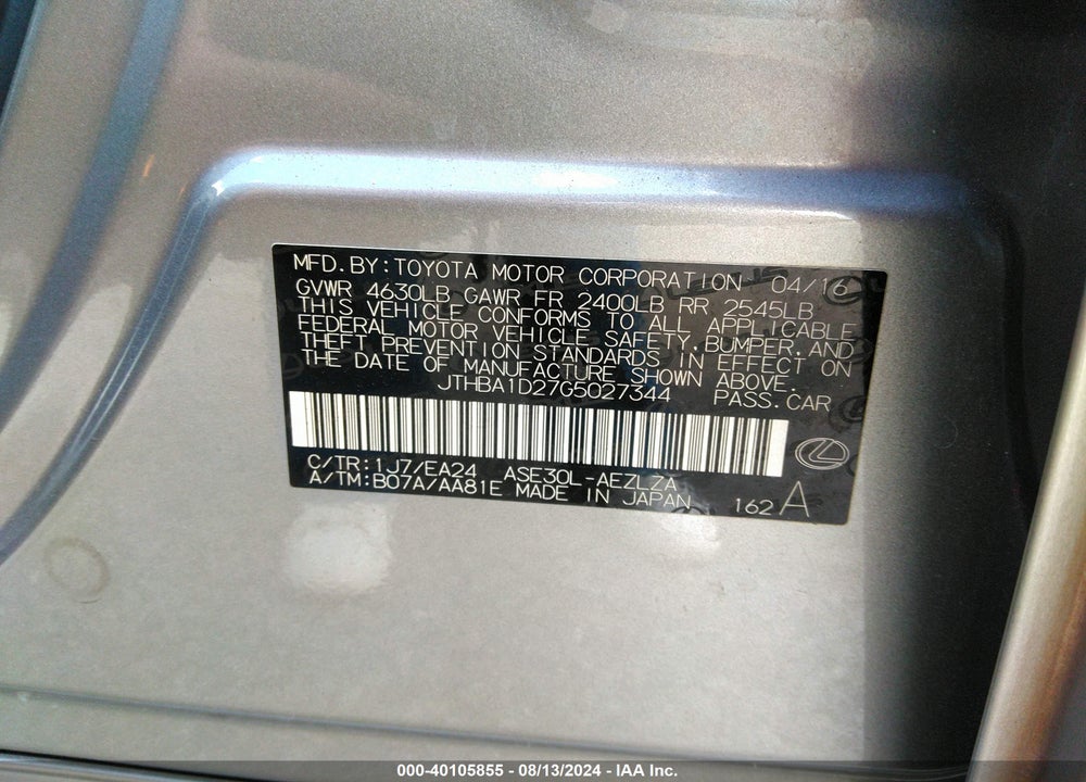 2016 LEXUS IS 200T VIN: JTHBA1D27G5027344