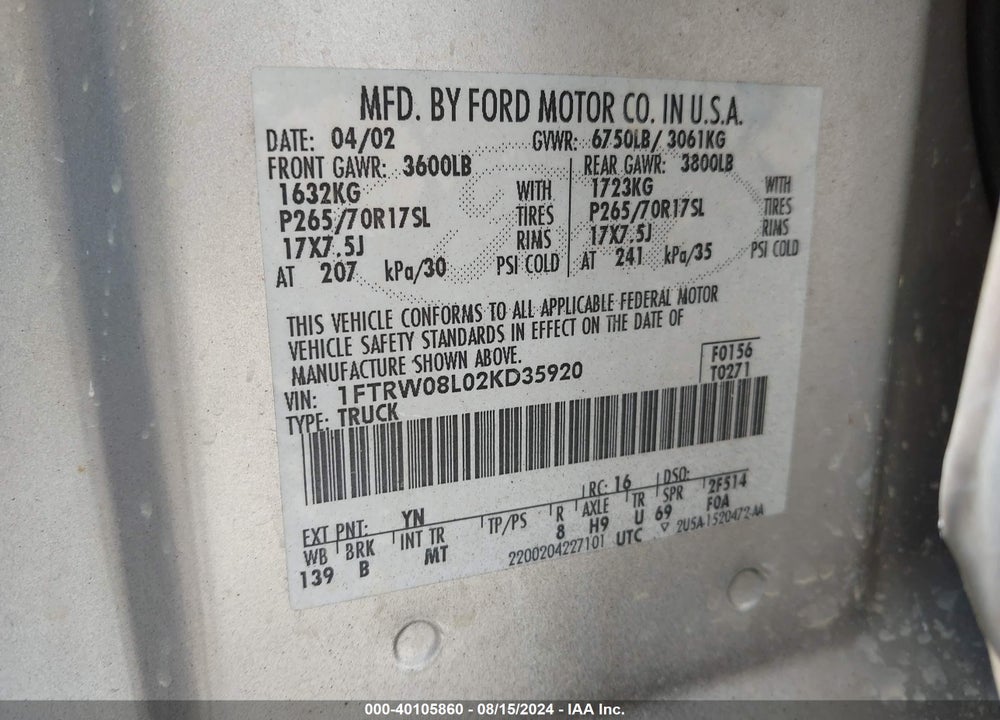 2002 FORD F-150 VIN: 1FTRW08L02KD35920