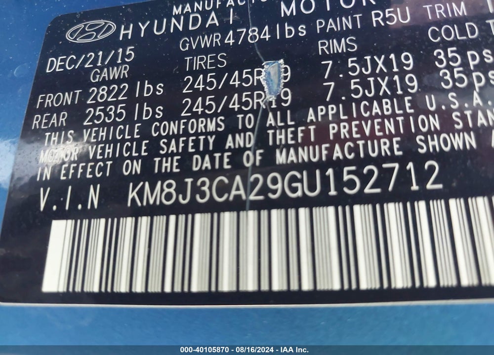 2016 HYUNDAI TUCSON SPORT VIN: KM8J3CA29GU152712
