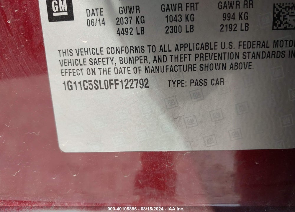 2015 CHEVROLET MALIBU 1LT VIN: 1G11C5SL0FF122792