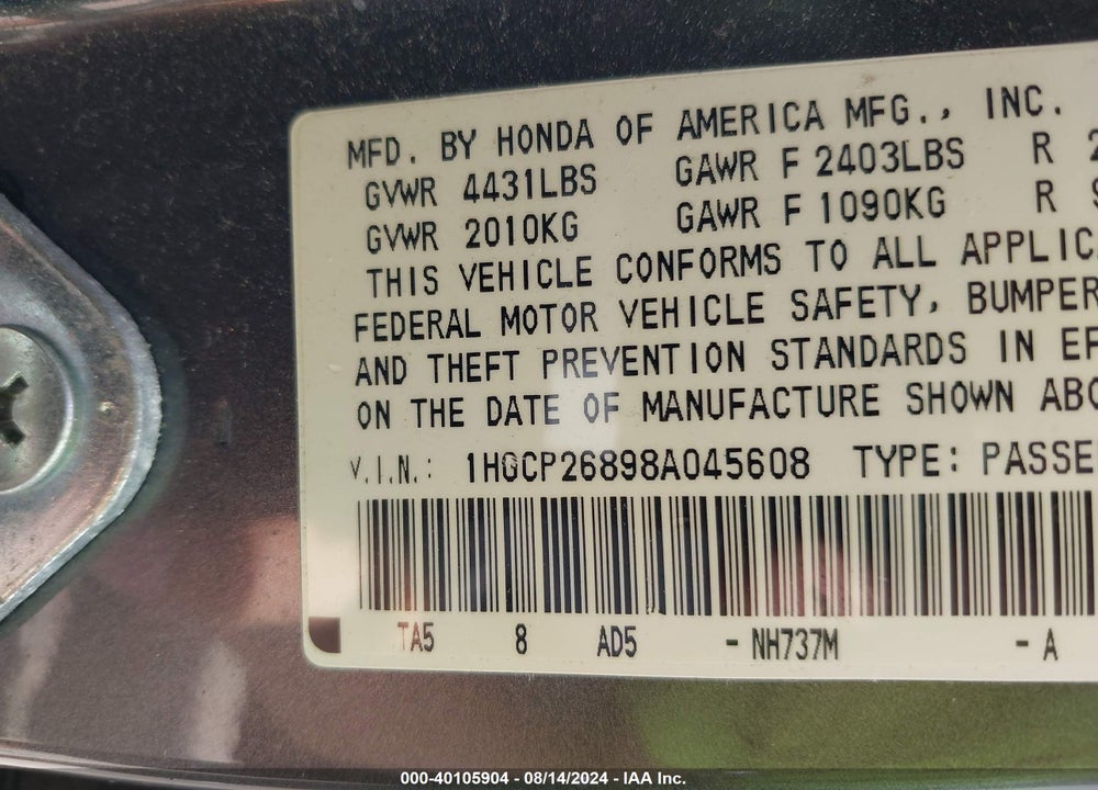 2008 HONDA ACCORD 2.4 EX-L VIN: 1HGCP26898A045608