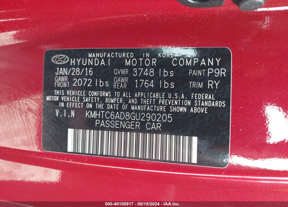 2016 HYUNDAI VELOSTER VIN: KMHTC6AD8GU290205