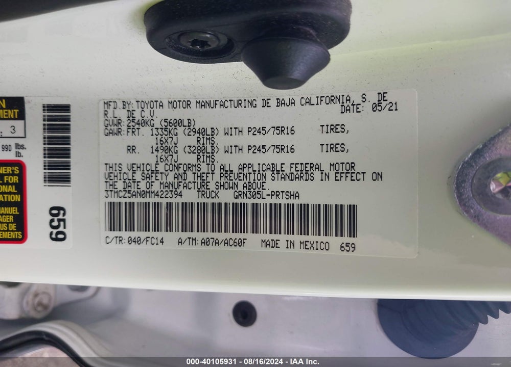 2021 TOYOTA TACOMA SR5 V6 VIN: 3TMCZ5AN0MM422394