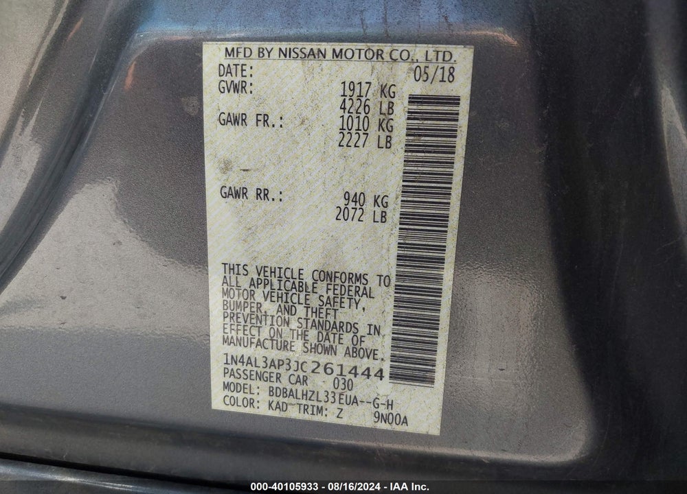 2018 NISSAN ALTIMA 2.5 SR VIN: 1N4AL3AP3JC261444