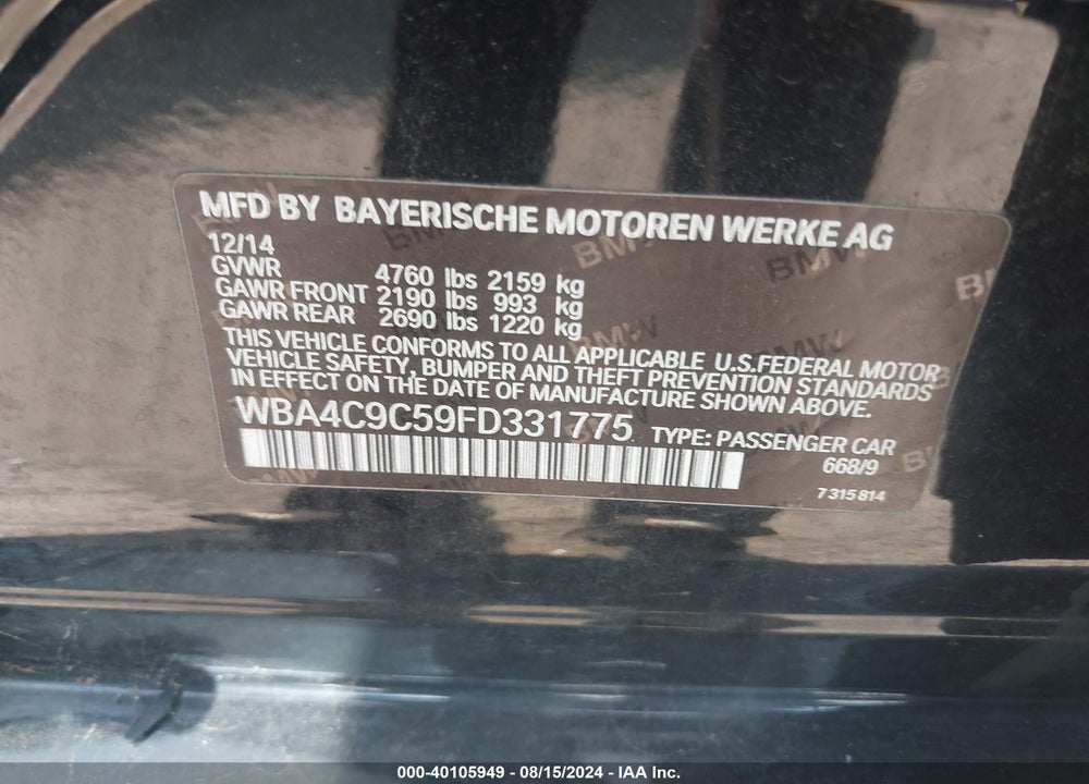 2015 BMW 428 GRAN COUPE XDRIVE VIN: WBA4C9C59FD331775