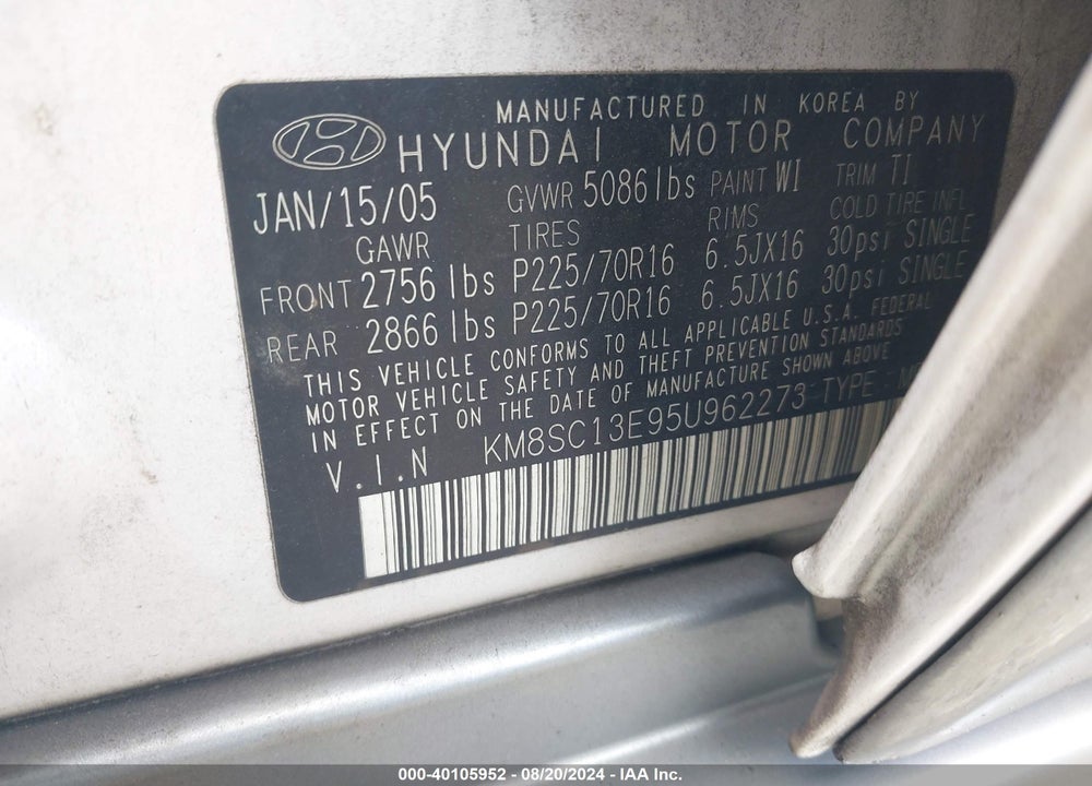 2005 HYUNDAI SANTA FE GLS/LX VIN: KM8SC13E95U962273