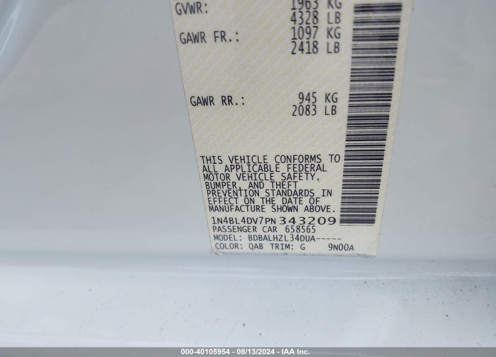 2023 NISSAN ALTIMA SV FWD VIN: 1N4BL4DV7PN343209