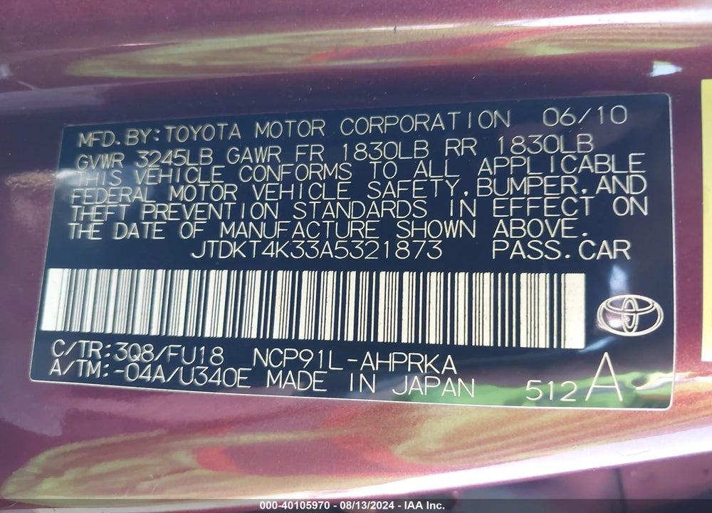 2010 TOYOTA YARIS VIN: JTDKT4K33A5321873