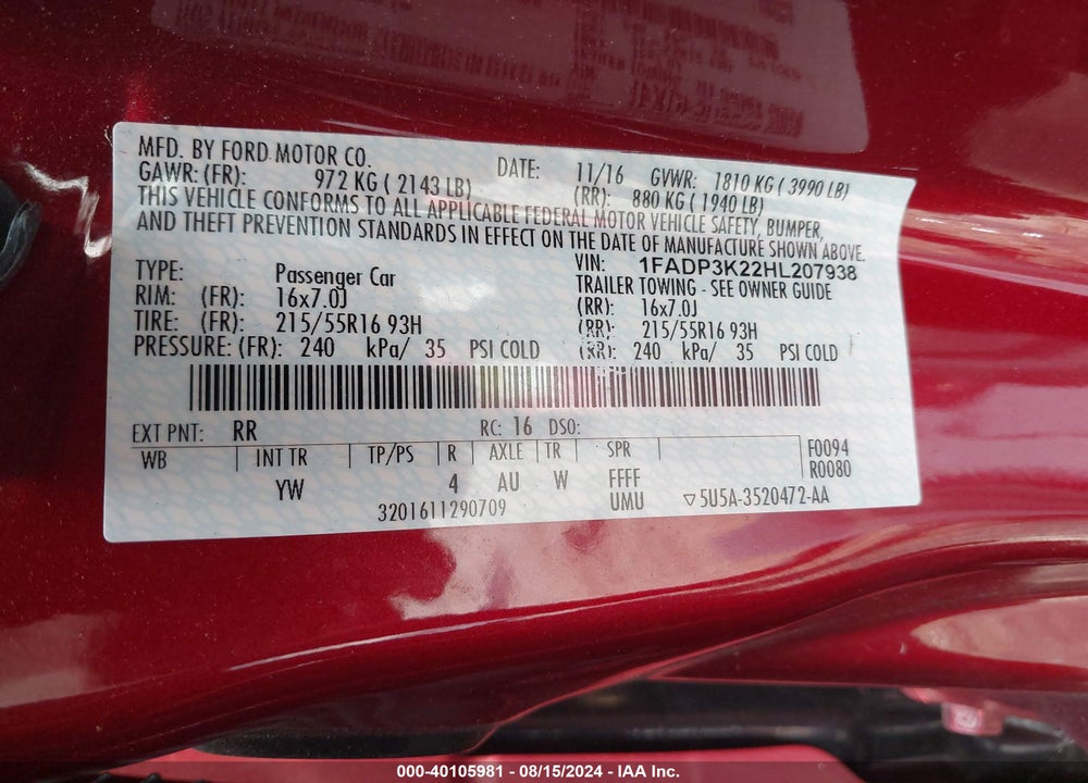 2017 FORD FOCUS SE VIN: 1FADP3K22HL207938