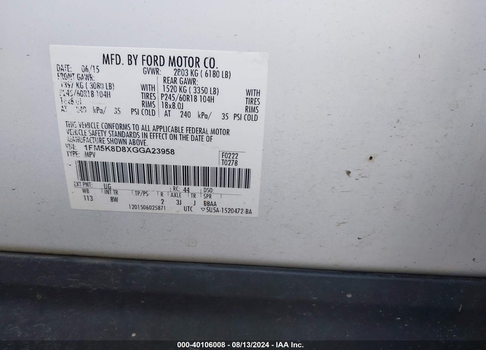 2016 FORD EXPLORER XLT VIN: 1FM5K8D8XGGA23958
