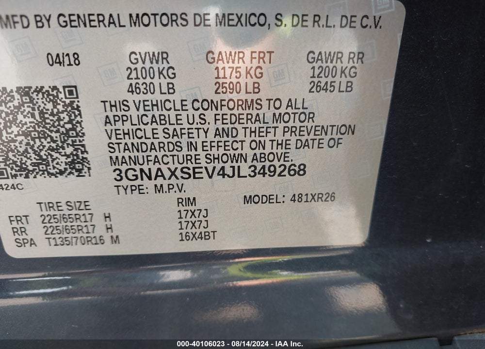 2018 CHEVROLET EQUINOX LT VIN: 3GNAXSEV4JL349268