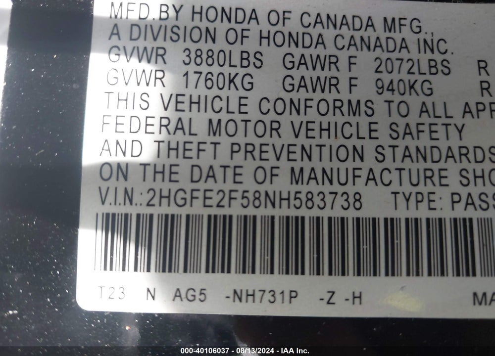 2022 HONDA CIVIC SPORT VIN: 2HGFE2F58NH583738