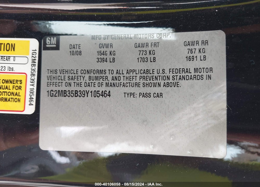 2009 PONTIAC SOLSTICE VIN: 1G2MB35B39Y105464