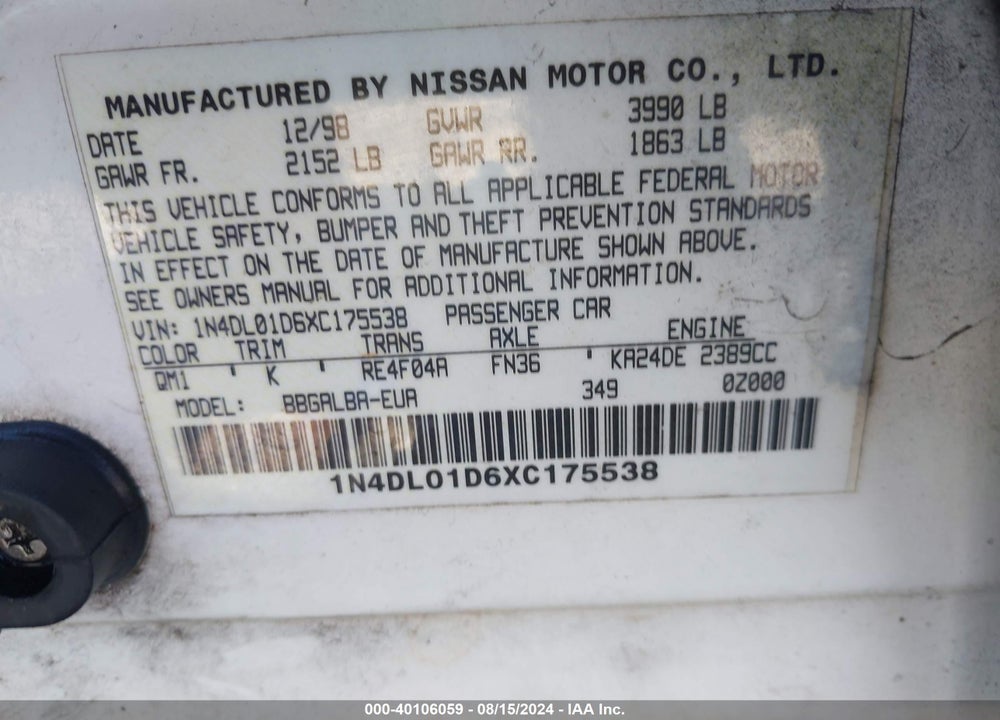 1999 NISSAN ALTIMA GLE/GXE/SE/SE-L/XE VIN: 1N4DL01D6XC175538