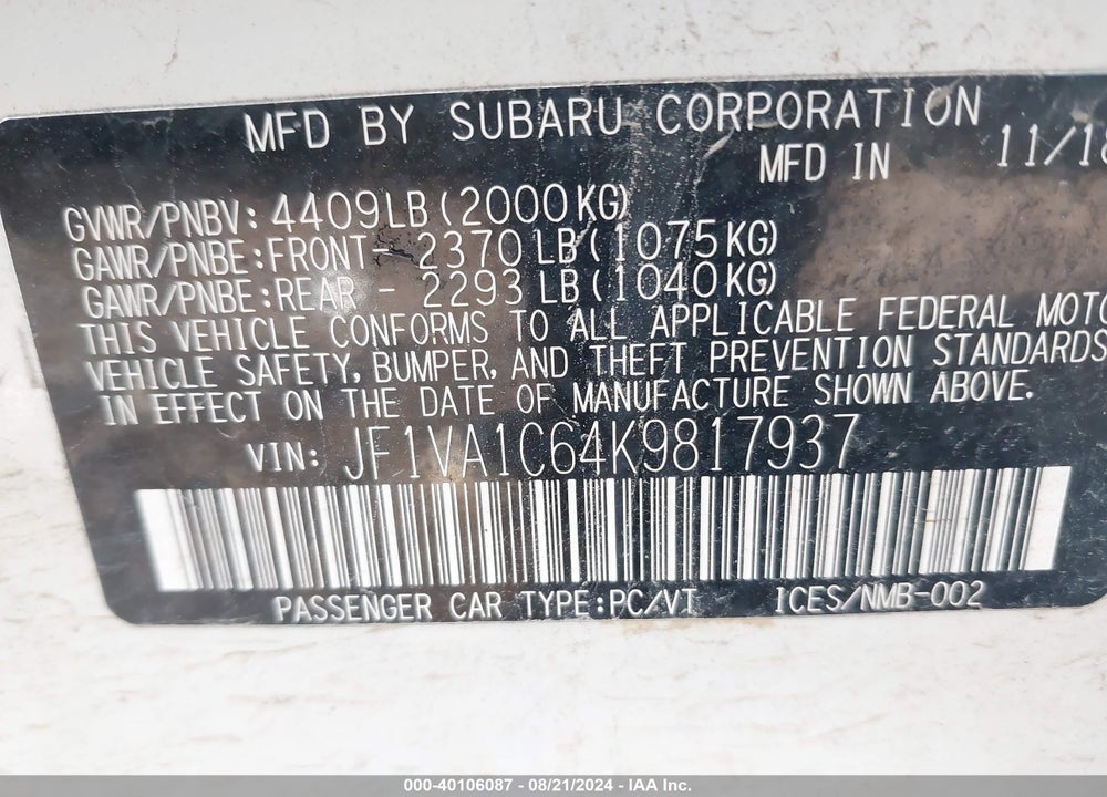 2019 SUBARU WRX PREMIUM VIN: JF1VA1C64K9817937