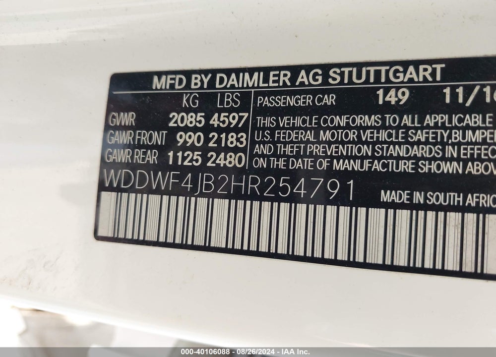 2017 MERCEDES-BENZ C 300 LUXURY/SPORT VIN: WDDWF4JB2HR254791