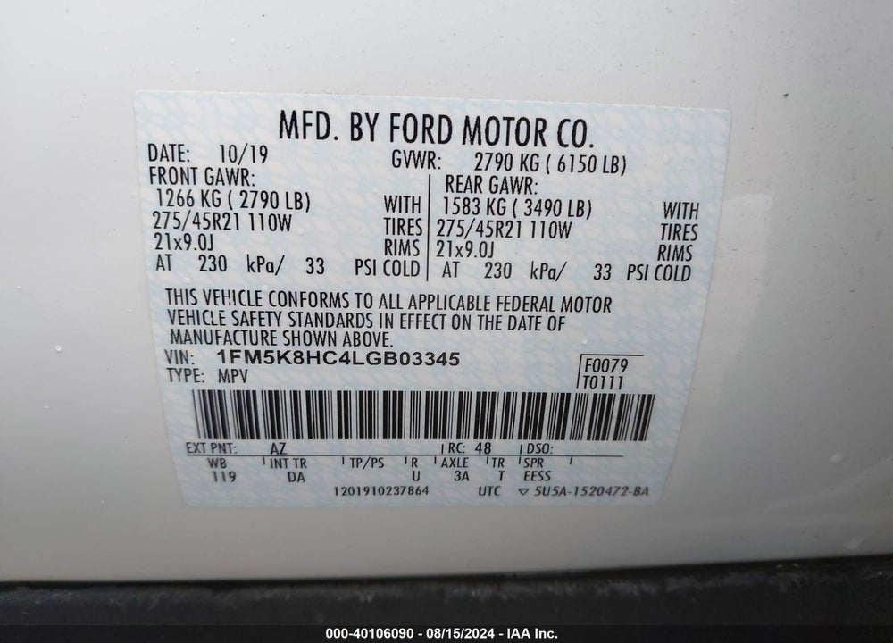 2020 FORD EXPLORER PLATINUM VIN: 1FM5K8HC4LGB03345