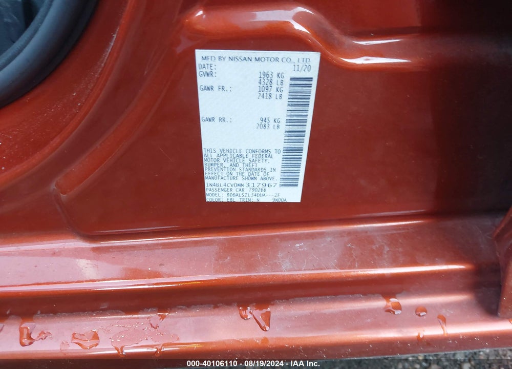 2021 NISSAN ALTIMA SR FWD VIN: 1N4BL4CV0MN317967
