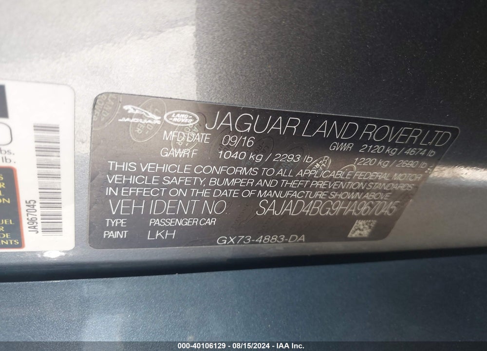 2017 JAGUAR XE 25T PREMIUM VIN: SAJAD4BG9HA967045