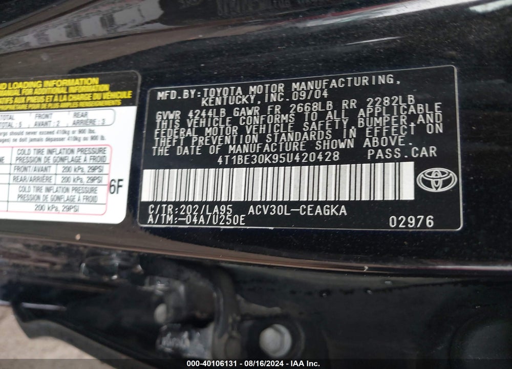 2005 TOYOTA CAMRY XLE VIN: 4T1BE30K95U420428