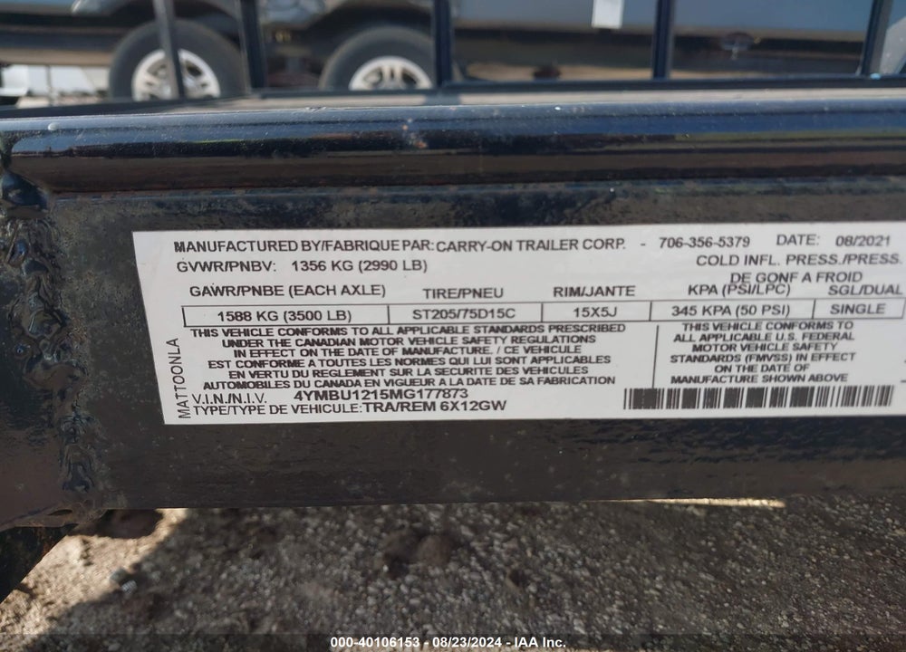 2021 CARRY ON 6X12 GW VIN: 4YMBU1215MG177873
