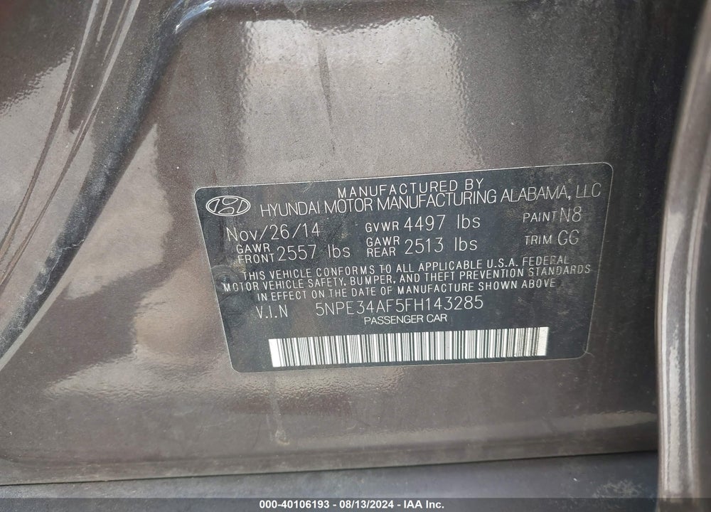 2015 HYUNDAI SONATA SPORT VIN: 5NPE34AF5FH143285