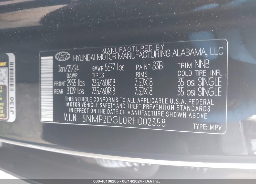 2024 HYUNDAI SANTA FE SEL VIN: 5NMP2DGL0RH002358