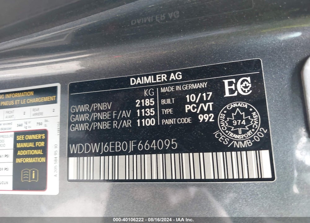 2018 MERCEDES-BENZ AMG C 43 4MATIC VIN: WDDWJ6EB0JF664095
