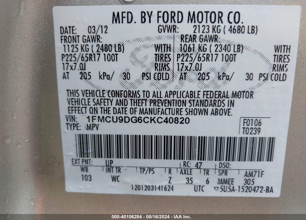 2012 FORD ESCAPE XLT VIN: 1FMCU9DG6CKC40820