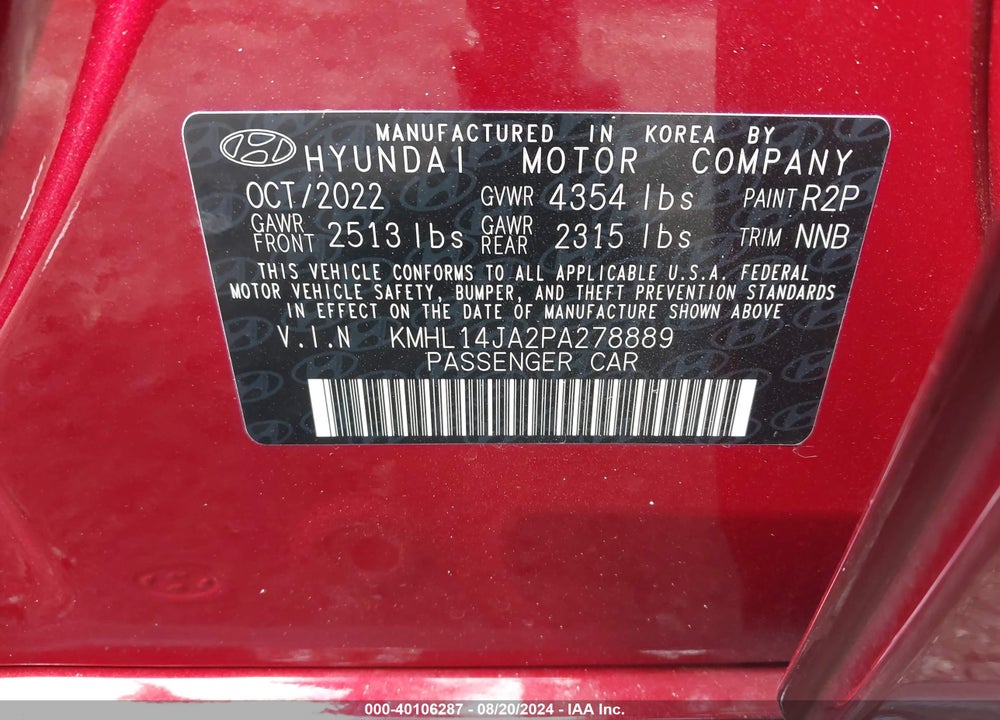 2023 HYUNDAI SONATA SEL VIN: KMHL14JA2PA278889