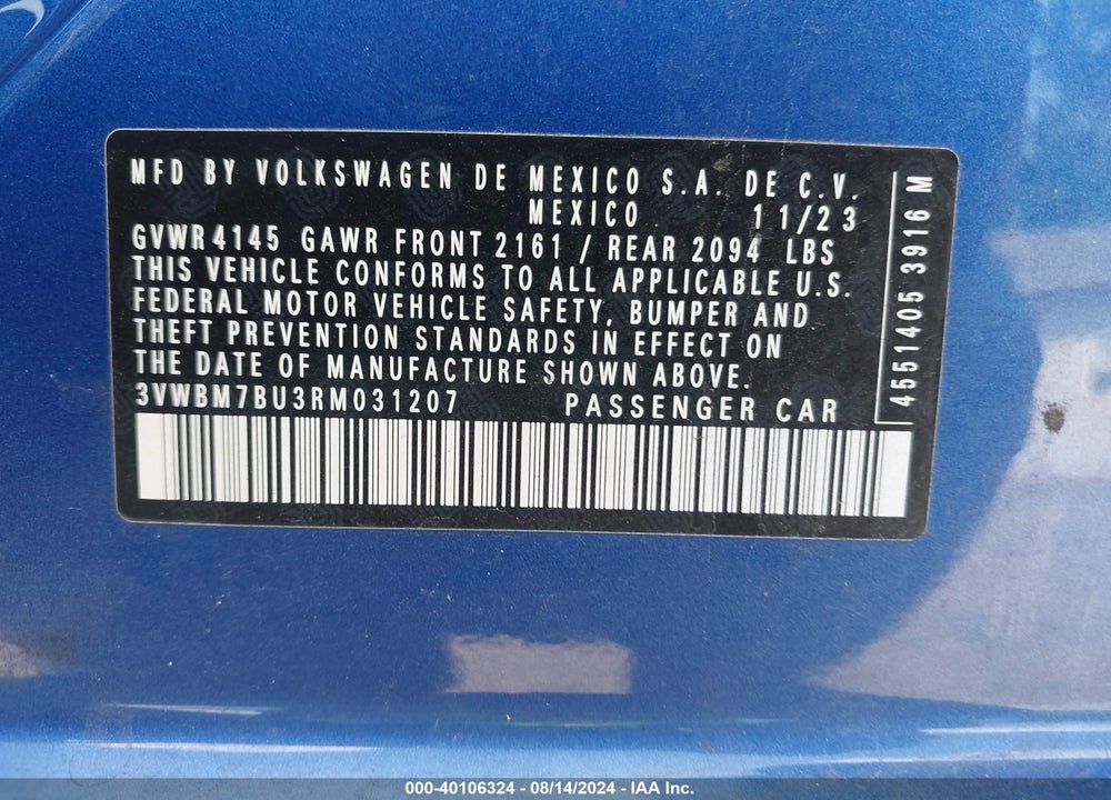 2024 VOLKSWAGEN JETTA 1.5T SPORT VIN: 3VWBM7BU3RM031207