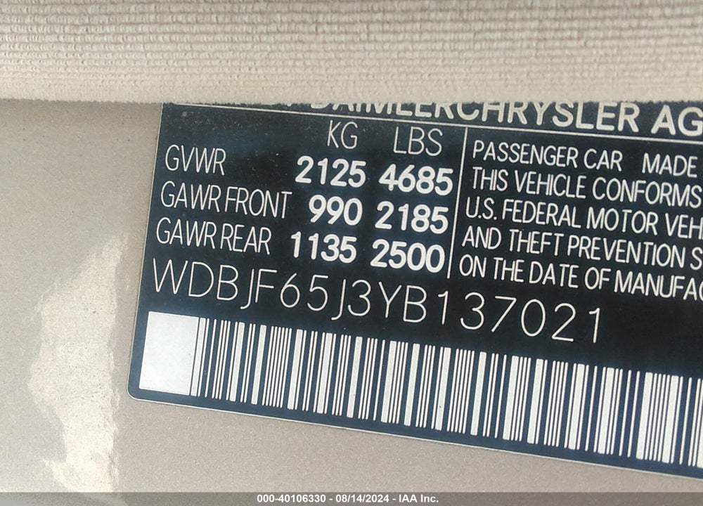 2000 MERCEDES-BENZ E 320 VIN: WDBJF65J3YB137021