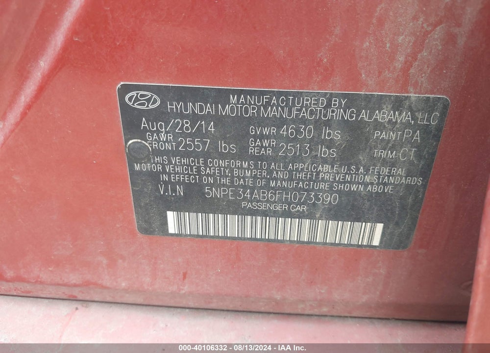 2015 HYUNDAI SONATA SPORT 2.0T VIN: 5NPE34AB6FH073390