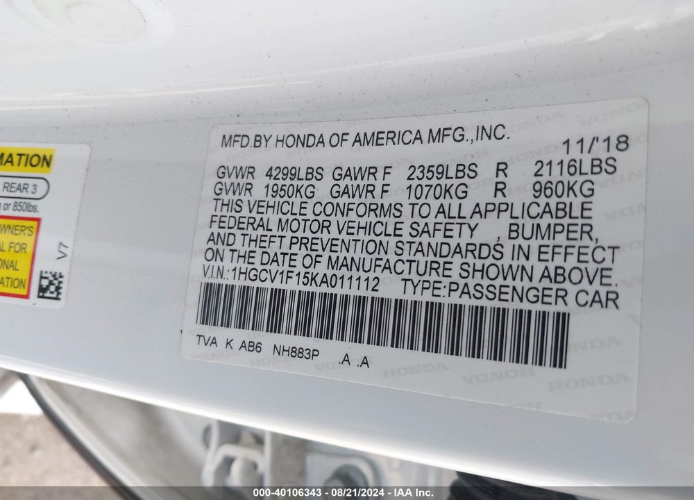 2019 HONDA ACCORD LX VIN: 1HGCV1F15KA011112