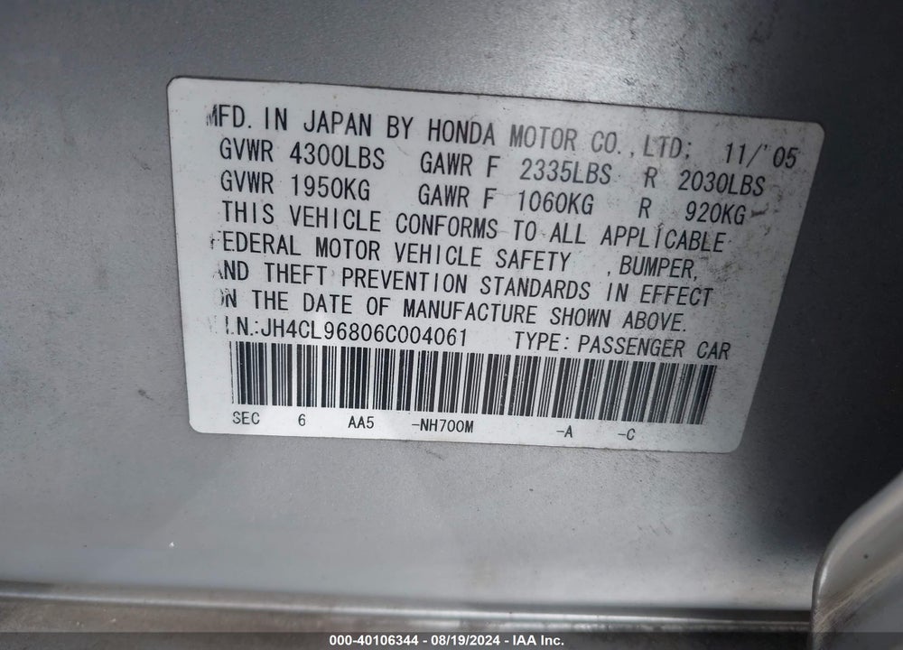 2006 ACURA TSX VIN: JH4CL96806C004061