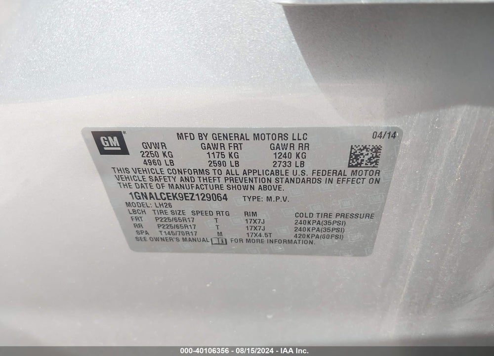 2014 CHEVROLET EQUINOX 2LT VIN: 1GNALCEK9EZ129064
