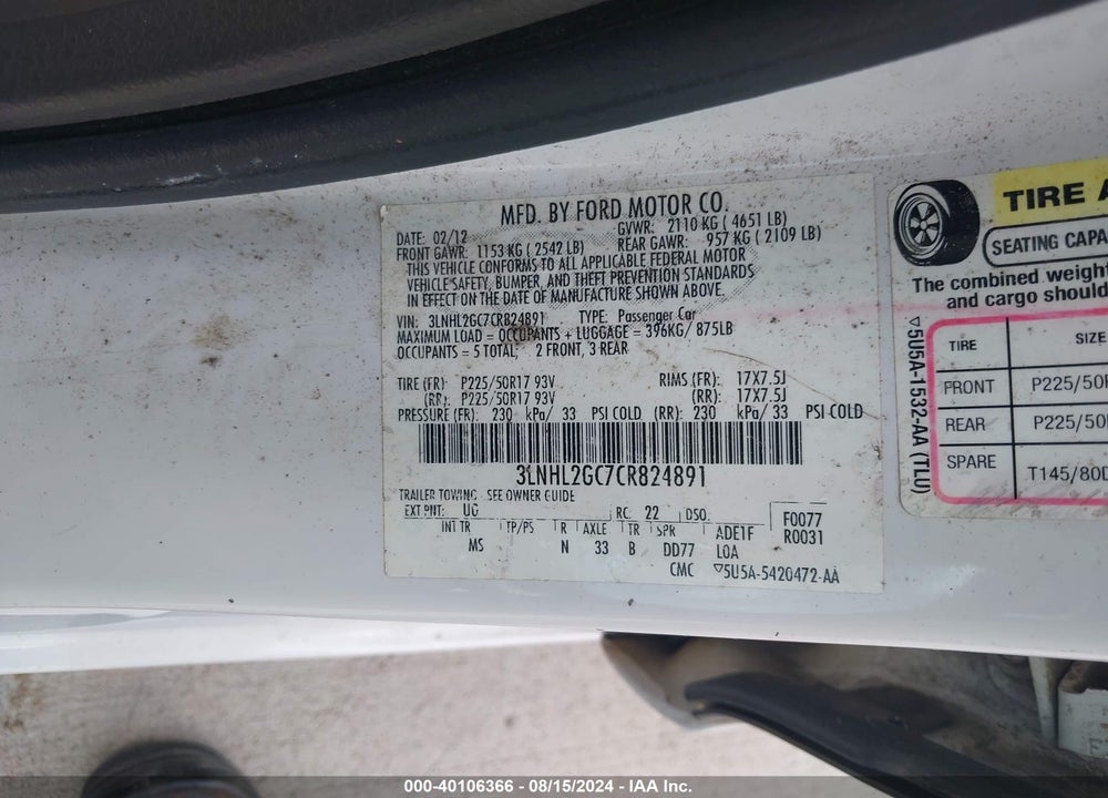 2012 LINCOLN MKZ VIN: 3LNHL2GC7CR824891
