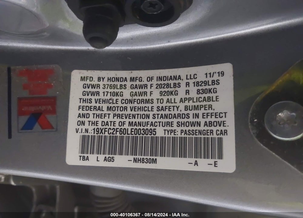 2020 HONDA CIVIC LX VIN: 19XFC2F60LE003095