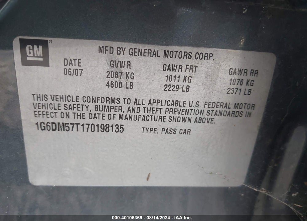 2007 CADILLAC CTS VIN: 1G6DM57T170198135