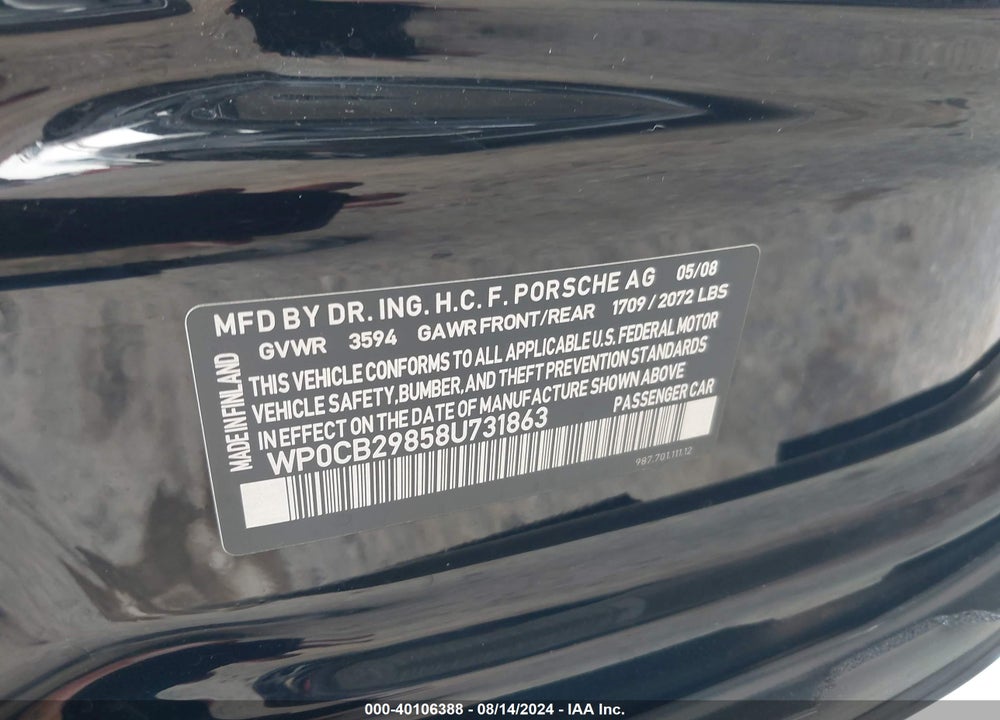 2008 PORSCHE BOXSTER S VIN: WP0CB29858U731863