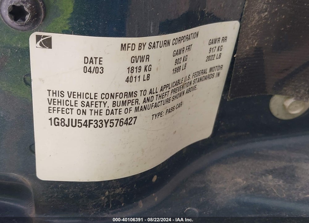 2003 SATURN L-SERIES L200 VIN: 1G8JU54F33Y576427