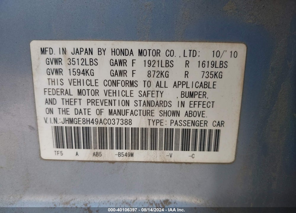 2010 HONDA FIT SPORT VIN: JHMGE8H49AC037388
