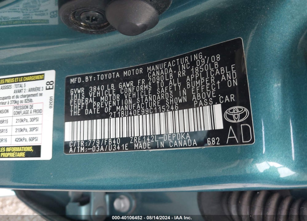 2009 TOYOTA COROLLA LE VIN: 2T1BU40E99C115246