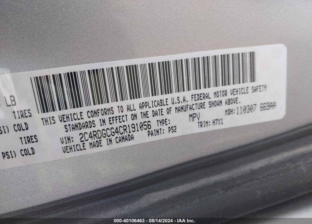 2012 DODGE GRAND CARAVAN SXT VIN: 2C4RDGCG4CR191056