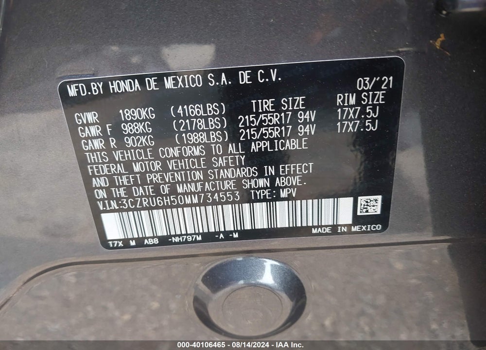 2021 HONDA HR-V AWD EX VIN: 3CZRU6H50MM734553