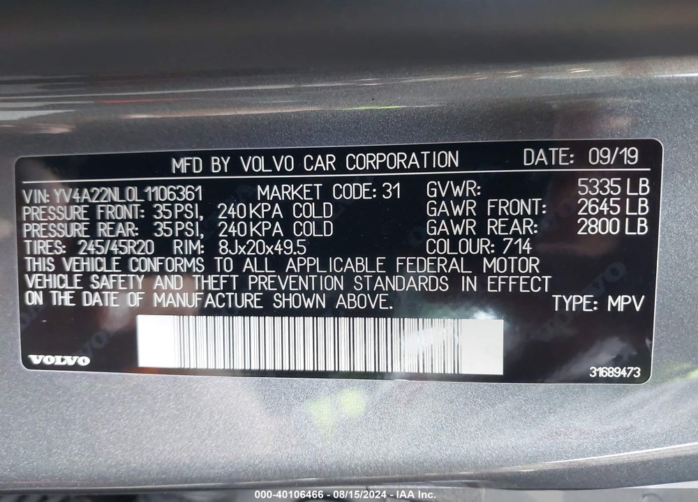 2020 VOLVO V90 CROSS COUNTRY T6 VIN: YV4A22NL0L1106361