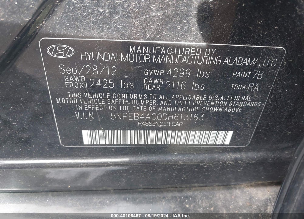 2013 HYUNDAI SONATA GLS VIN: 5NPEB4AC0DH613163