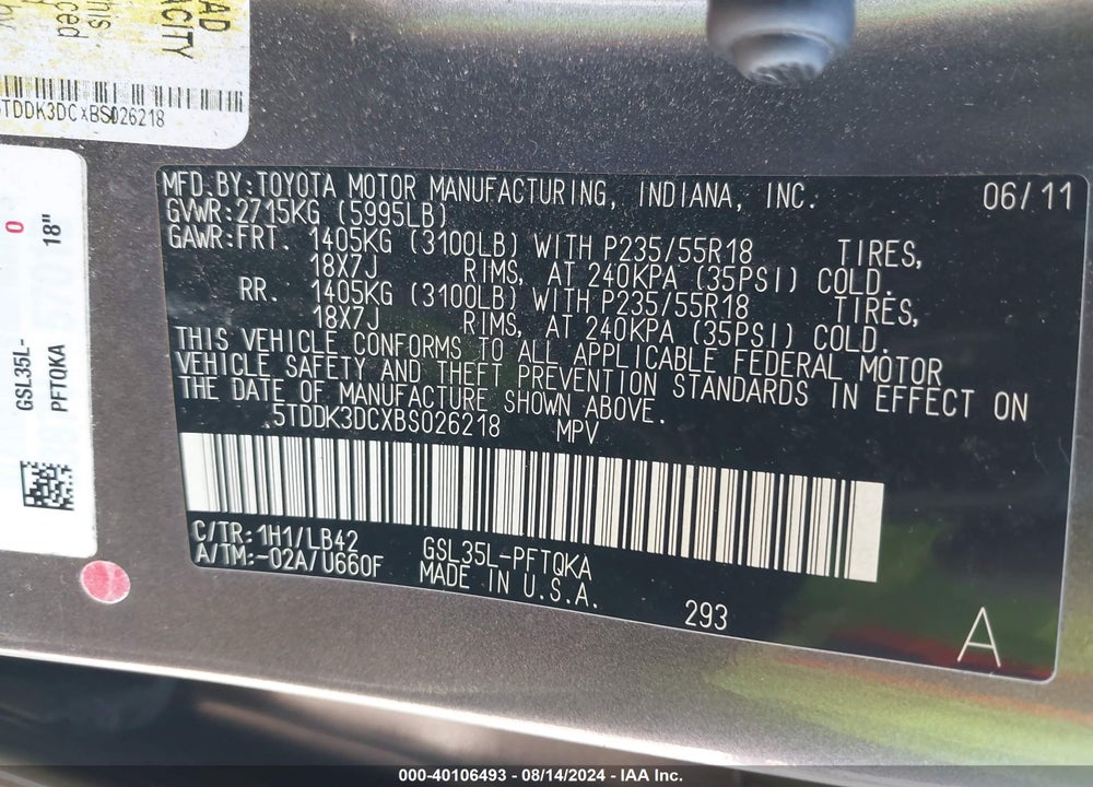 2011 TOYOTA SIENNA XLE VIN: 5TDDK3DCXBS026218